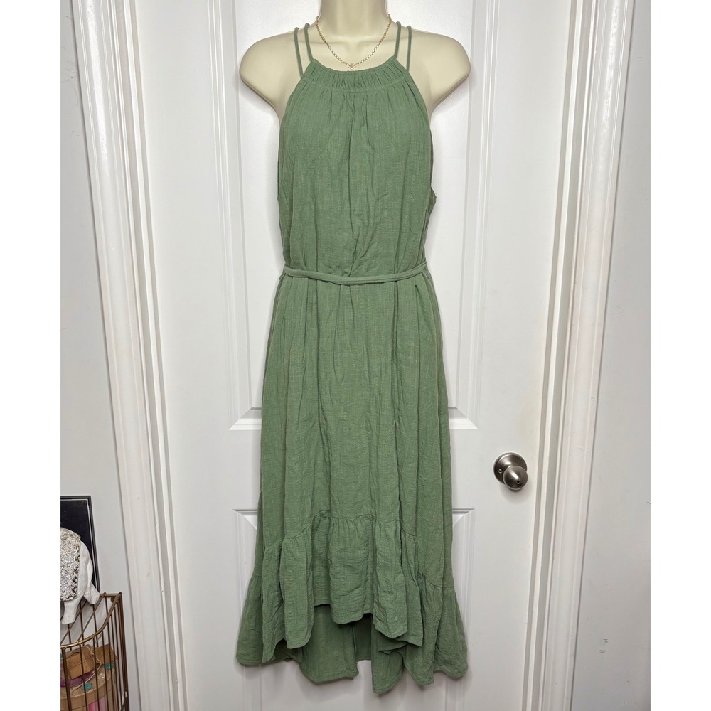 Emma & Michele Sage Green Cotton Gauze Halter Midi Dress High Low Ruffle Hem Lg